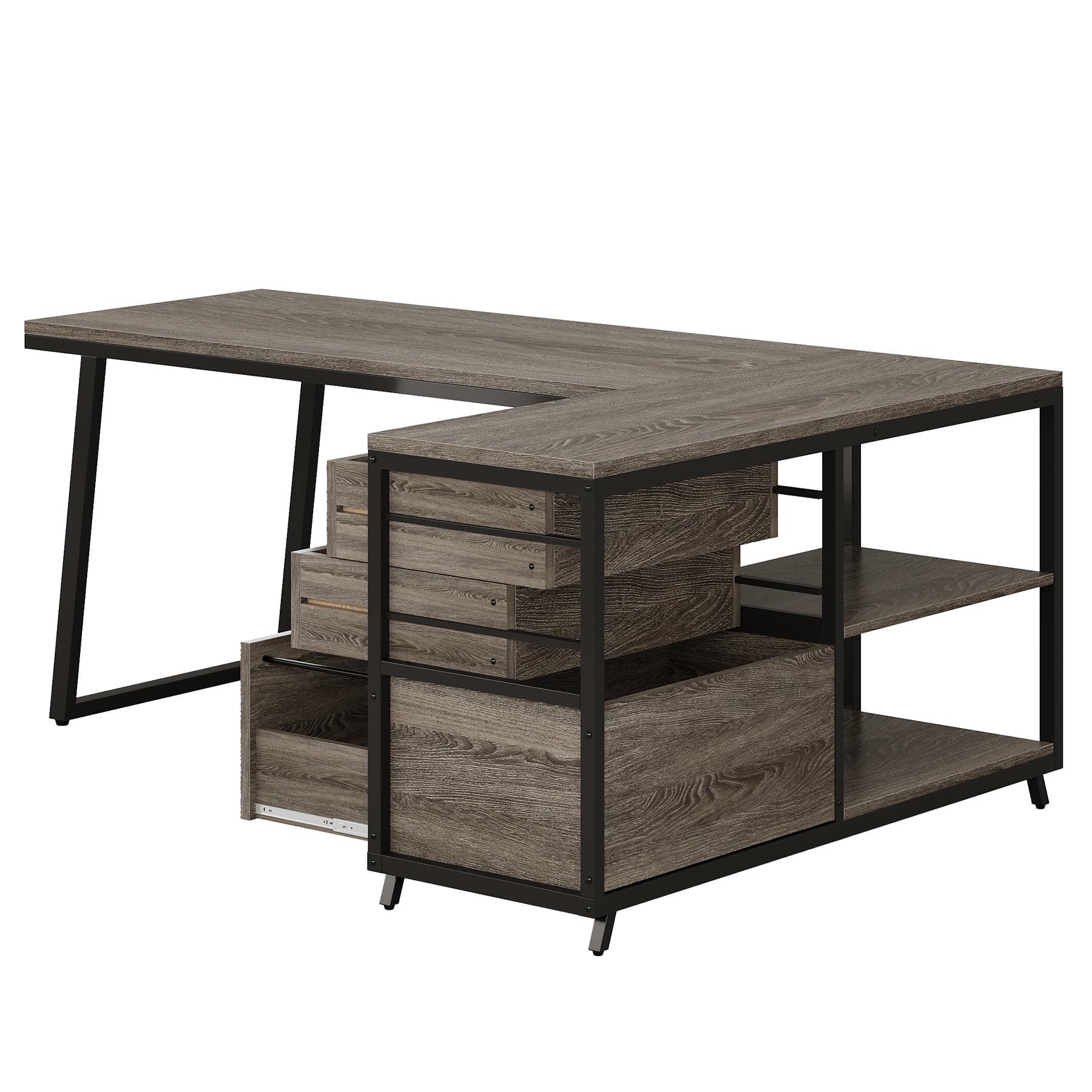 Fnova 53.15" L-shaped Computer Desk with 3 Drawers, Wood Tabletop, Metal Frame Office Desk, Gray