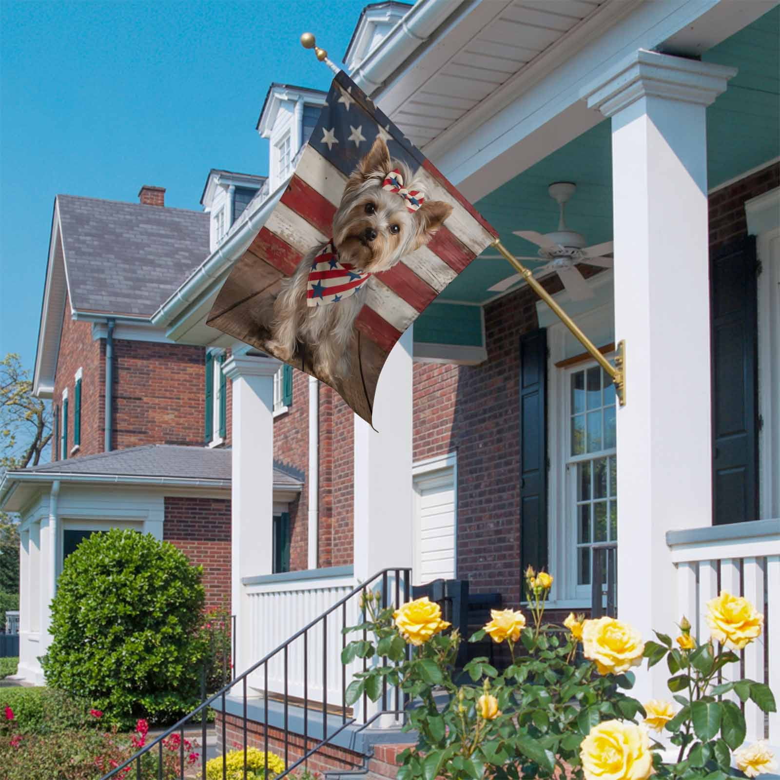 Patriotic Yorkshire Terrier House Flag 28 x 40 Inches, Independence Day American Flag Weather Proof Outdoor Patio Flags Double Sided Small House Decoration for Yard Lawn Outside Home