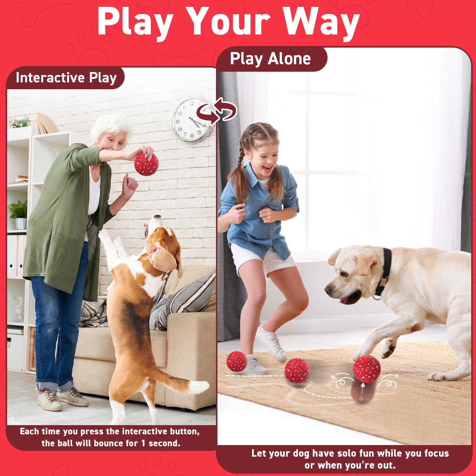 QDAN Interactive Dog Toys Ball, Smart Automatic Rolling, Bouncing and Rotating, E-TPU Material, Self-Moving Dog Toy Ball for Small & Medium & Large Dogs, Red