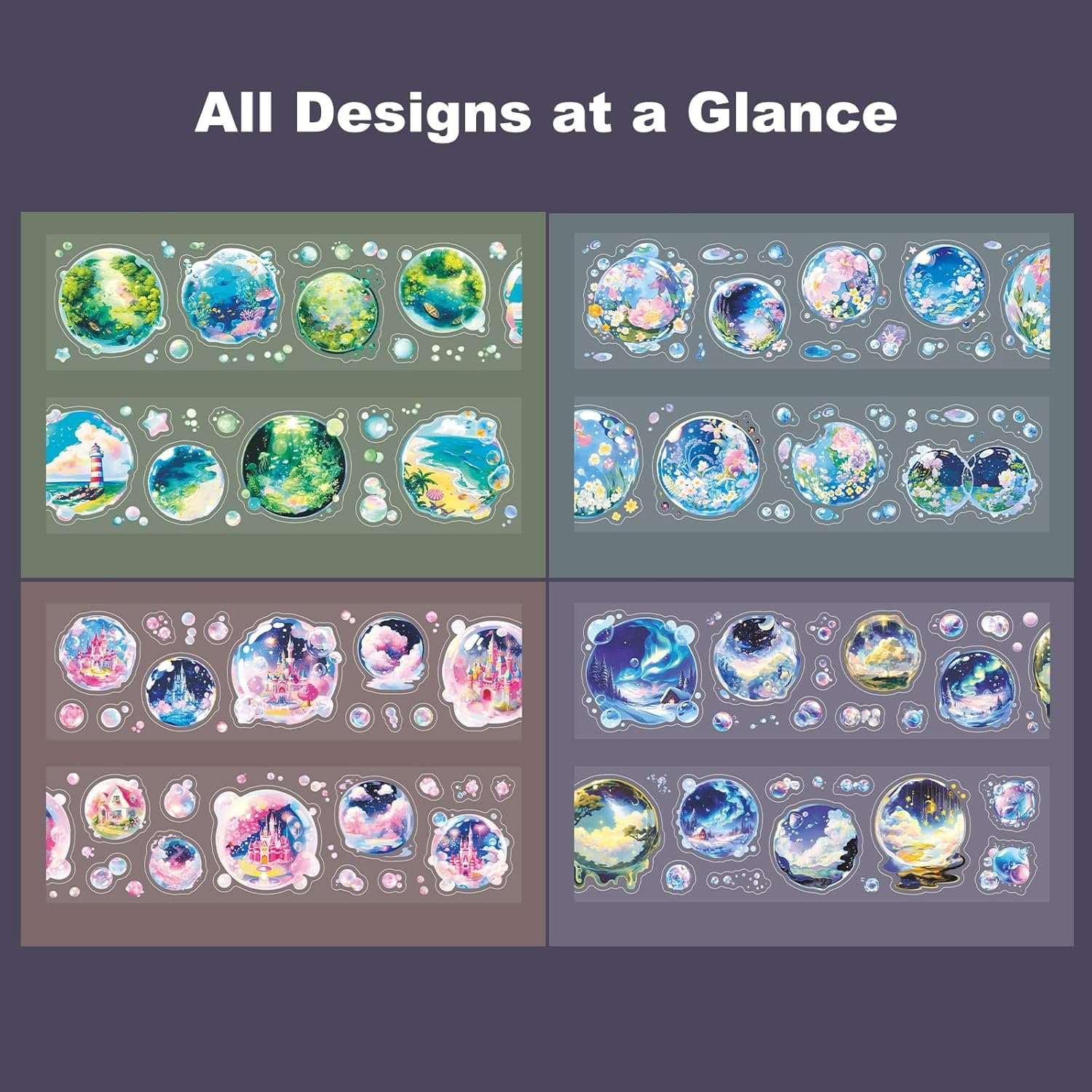 4 Rolls Bubble World PET Sticker Tape Set, Pre-Cut Bubble Scene Designs - Each Roll 1.97in x 78.74in for Scrapbook Journal Planner, DIY Crafts, Cards,  Wrap