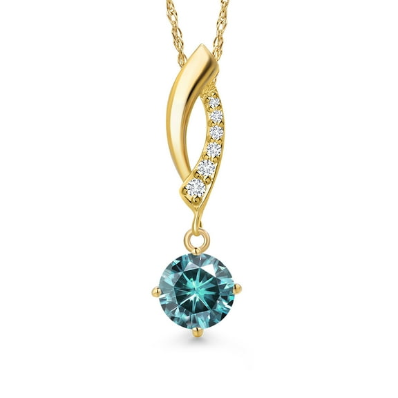 Gem Stone King 14K Yellow Gold Blue Moissanite and Lab Grown Diamond Pendant Necklace for Women | 1.03 Cttw | Gemstone Birthstone | Round 6.5MM | With 18 inch Chain