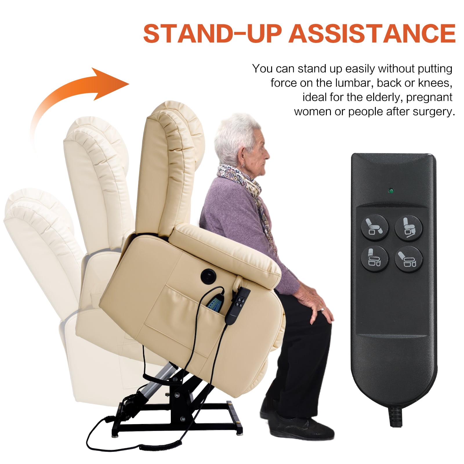 TEKAMON Infinite Position Lift Recliner Chair for Elderly with Heat and Massage Lay Flat Sleeping Leather Dual Motor Power Lift Chair for Living Room (Beige)