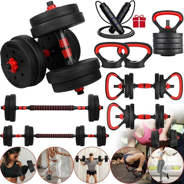 Juego de Mancuernas Ajustables 7 en 1,Kit de 33LB Pesas y Mancuernas,Set de Mancuernas con Varilla de Conexión, con 4 Modos como Barra, Pesas Rusas, Soporte para Flexiones
