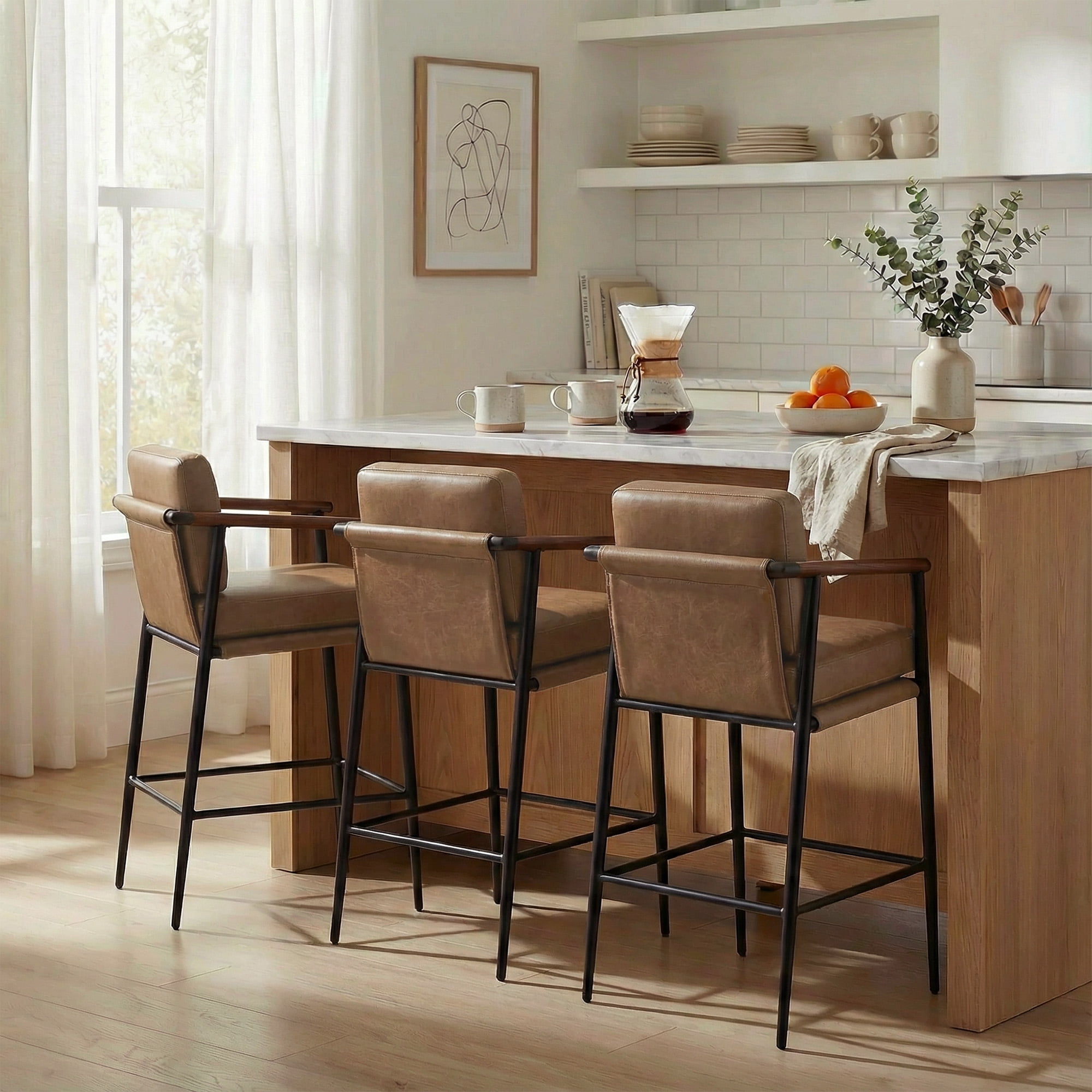 Spruce & Spring Mid-Century Modern Counter Stool Set with Wood Armrests and Cushioned Sling Seat Set of 2, Saddle Brown Faux Leather
