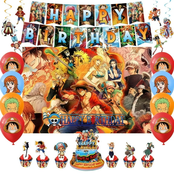 One Piece themed birthday party supplies decorations, One Piece set includes birthday banner, backdrop, balloons, hanging swirls, cake decorations, suitable for boys and girls themed party supplies