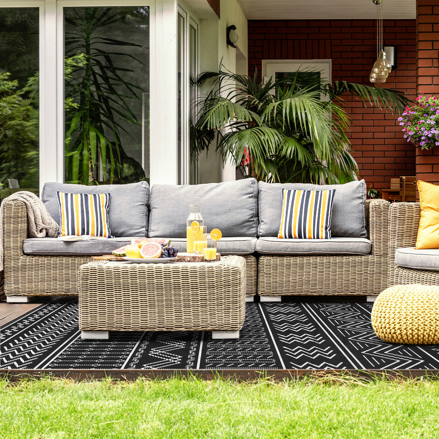 SIXHOME Outdoor Rug 5'x8' Waterproof Patio Rug Reversible Indoor Outdoor Rug Lightweight Plastic Straw Rug for RV Camping Deck Balcony Boho Porch Decor Black and White - image 3 of 10