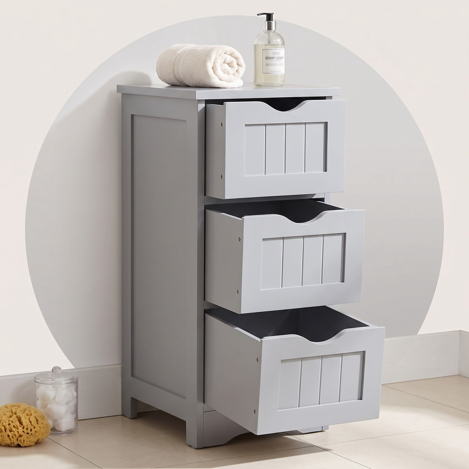 Fenbeli Freestanding Bathroom Floor Cabinet with 3 Drawers, Slim MDF Storage Organizer Tower for Small Bathroom, Bedroom, Entryway, Space-Saving Side End Table, Gray
