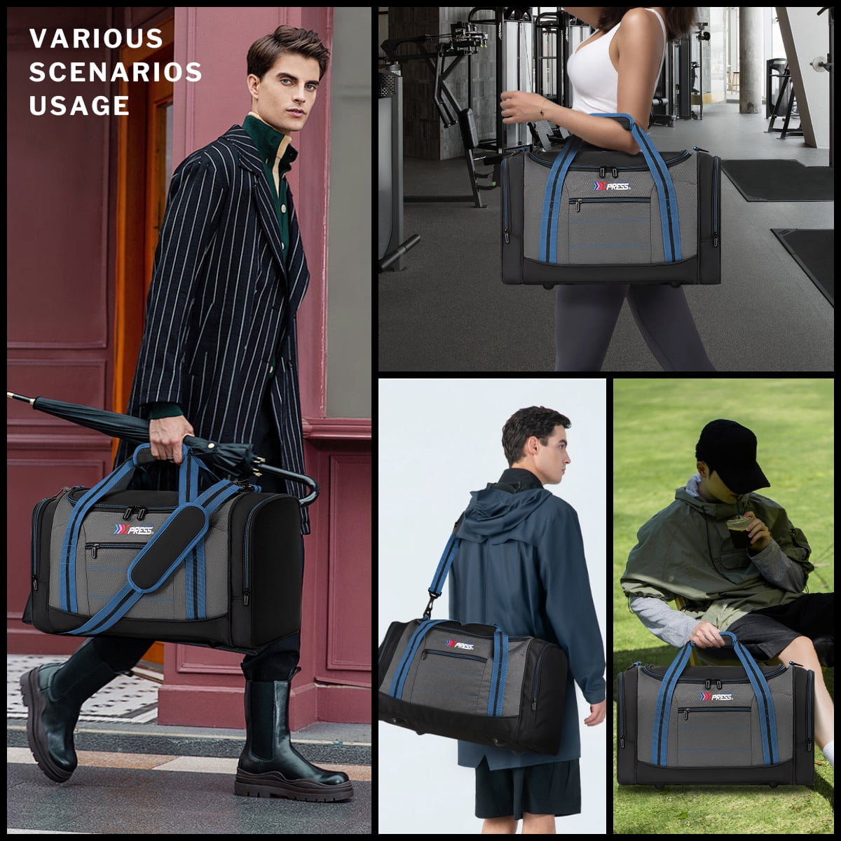 20" Travel Duffel Bag 45L Lightweight Foldable Sports Gym Bag Adjustable Strap Tear-Resistant Weekender Overnight Bag, Blue(LX298)