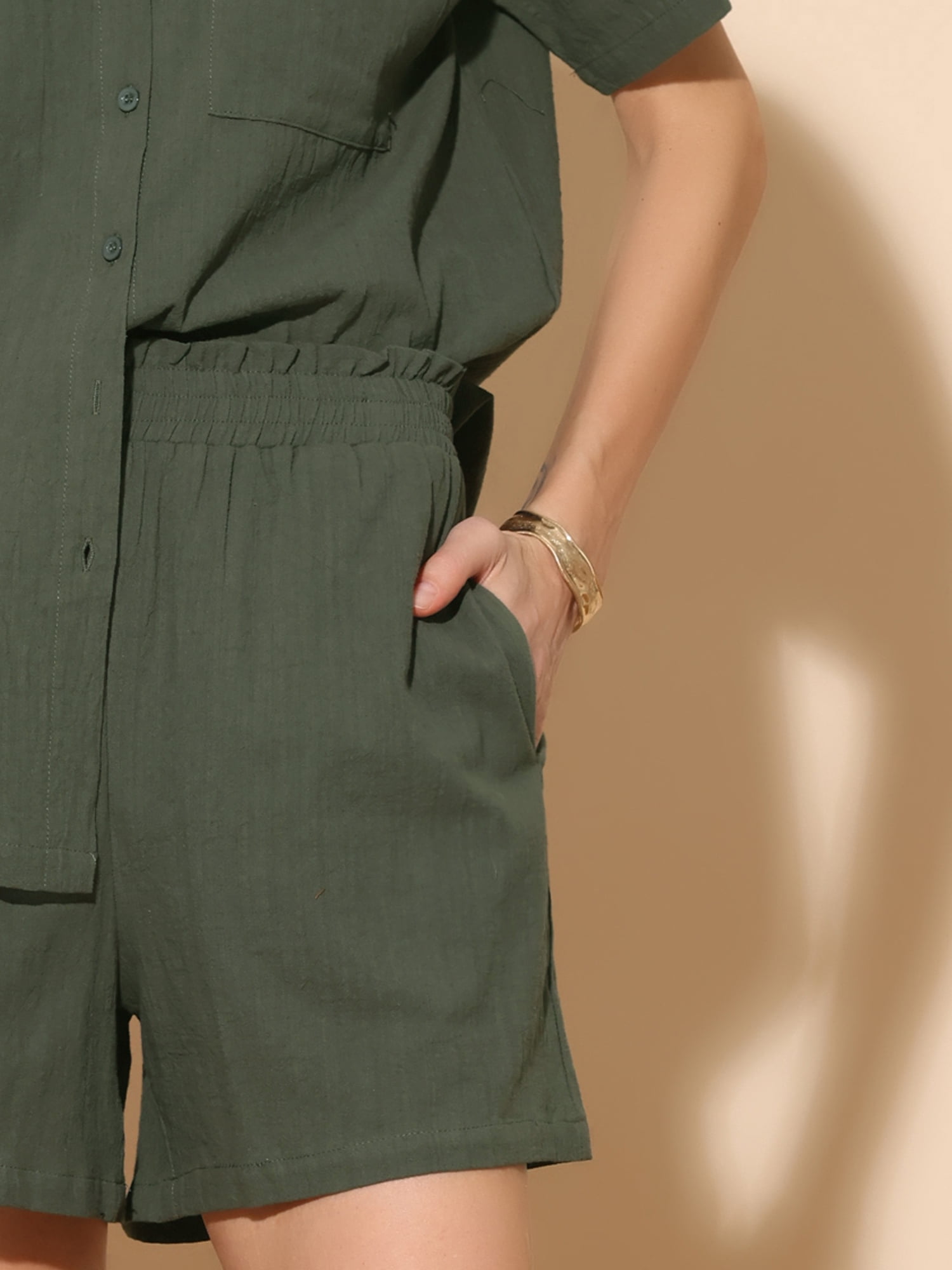 DARING DIVA 2 Pcs Women's Cotton Button Down Shirt Lounge Beach Short Sets M Army Green