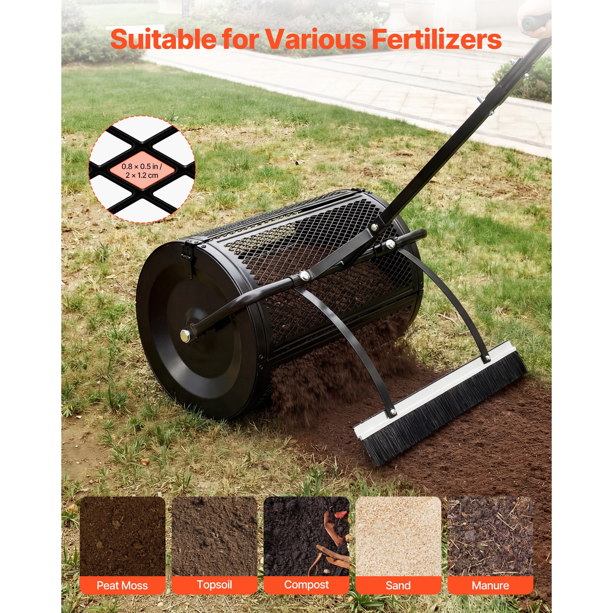 KFFKFF 24" Wide Compost Spreader with Adjustable Handle and Brush, Durable Steel Roller for Garden Planting and Seeding