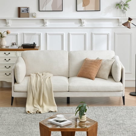 Corduroy Sofa Couch 81 Wide Modern Upholstered 3-Seater Sofa with Deep Seat Cushions Living Room Couch for Small Spaces Bedroom Apartment Sofa Beige