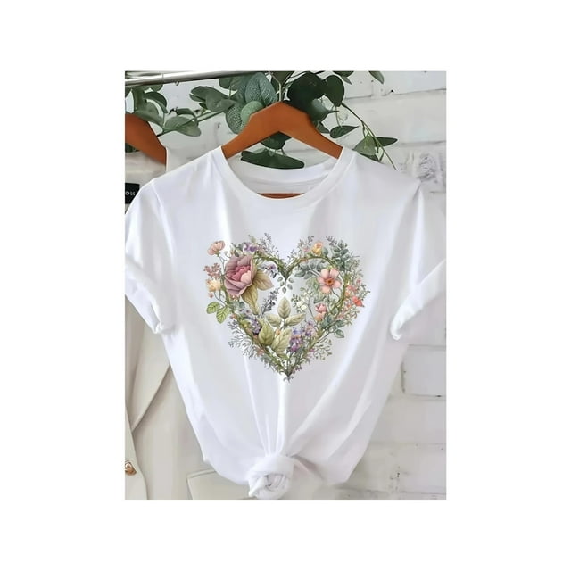 Women's Floral Heart Print Casual T-Shirt - 100% Cotton Breathable Round Neck Short Sleeve Top for Spring/Summer, Vibrant Botanical Design, american Women's Fashion, Ladies T Shirts, Comfortable Fit
