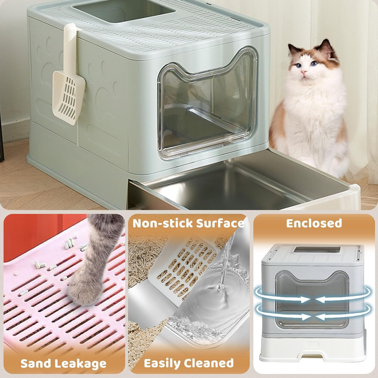 Enclosed Cat Litter Box with Lid Top Exit Covered Metal Stainless Steel Litter Box Leak Proof & Odorless Easy to Clean Including Cat Litter Scoop and Cat Litter Mat