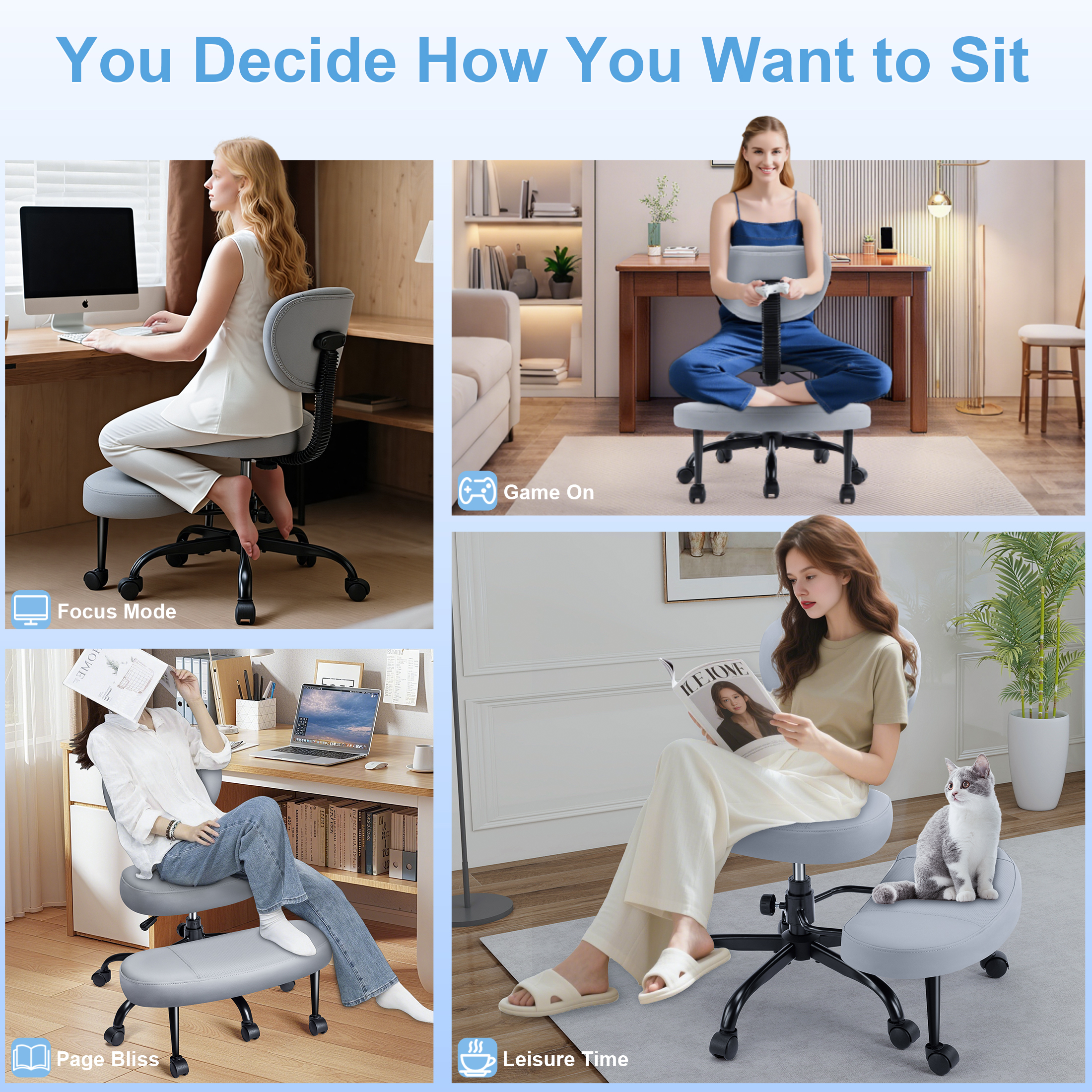 Dhole Kneeling Chair with Backrest - Ergonomic Office Chair for Cross-Leg Sitting, Adjust Height, 360° Rotating Footrest & Wheels, Posture Support for ADHD/Home Office/Meditation, Black