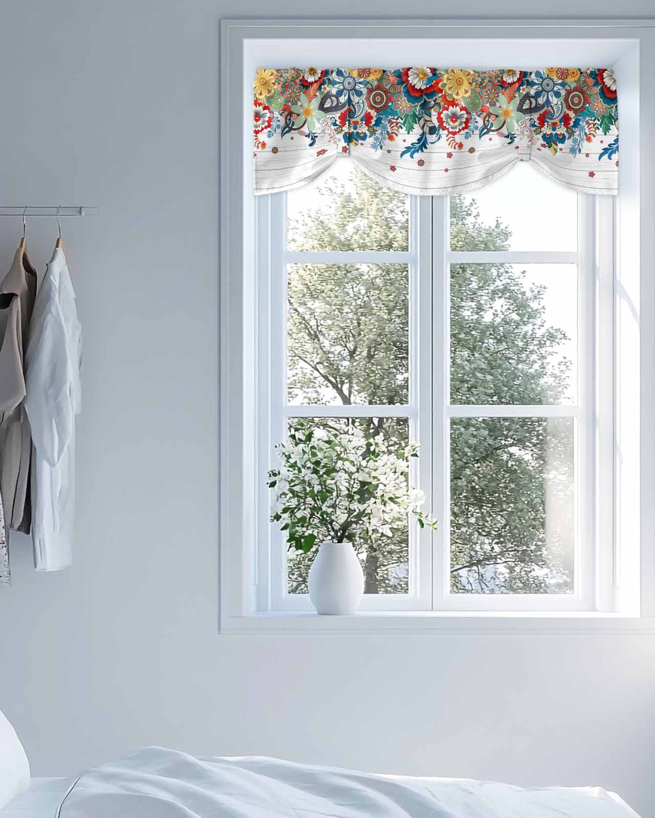 Boho Floral Tie Up Valances Curtain, Adjustable Kitchen Abstract Bohemian Bloom Flower Colorful Plant Wood Valances for Windows Decor, Rod Pocket Short Curtains Set for Bedroom/Bathroom, 54"x18"