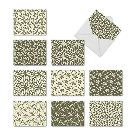 M9639TYG Leaflike: 10 Assorted Thank You Note Cards Feature Fanciful Green and Ivory Patterns,The Best Card Company Stationery with