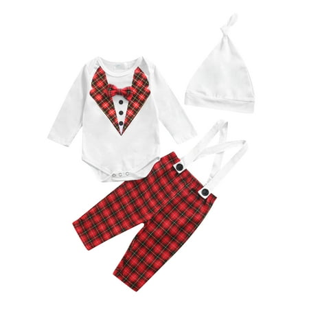 

Sunisery Christmas Infant Baby Boy Gentlemen Suits Bow Tie Long Sleeve Bodysuit Plaids Suspender Pants Hat White 12-24 Months