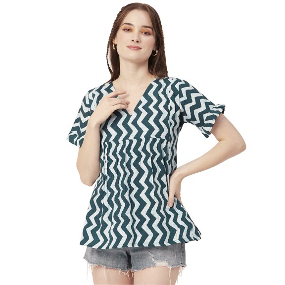 Moomaya Women Printed Short Sleeves Cotton Top, V Neck Long Length Flared Summer Tunic Top