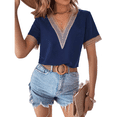 thumbnail image 2 of Blusas de Verano de Corta para Mujer con Encaje y Cuello en V, Elegantes e Informales, Color Azul Oscuro, Talla XXL, 2 of 7