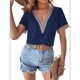 thumbnail image 2 of Blusas de Verano de Corta para Mujer con Encaje y Cuello en V, Elegantes e Informales, Color Azul Oscuro, Talla XXL, 2 of 7