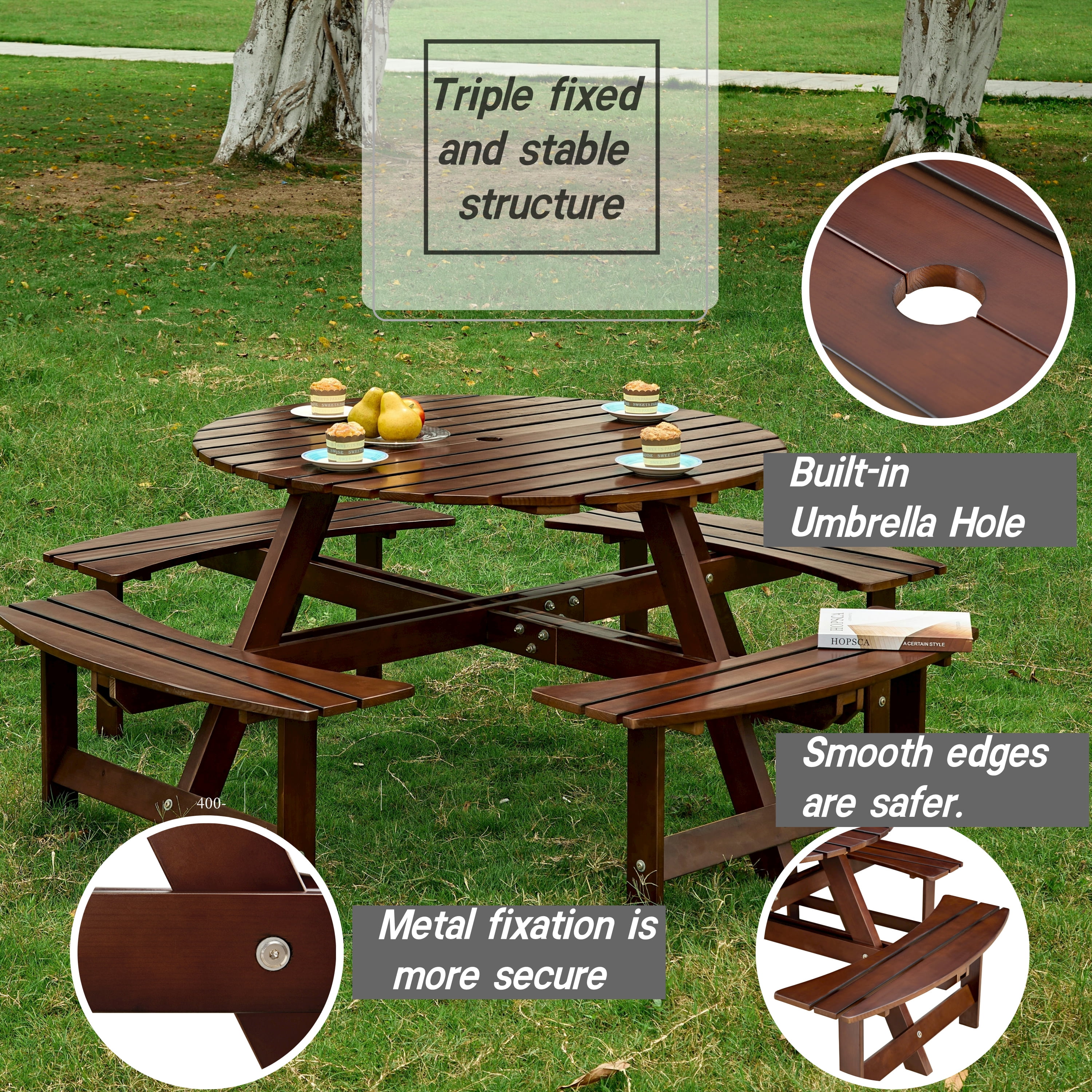 Aukfa Wooden Picnic Table for 8,Outdoor Round Picnic Table w/ 3 Benches for Garden, Backyard,Brown