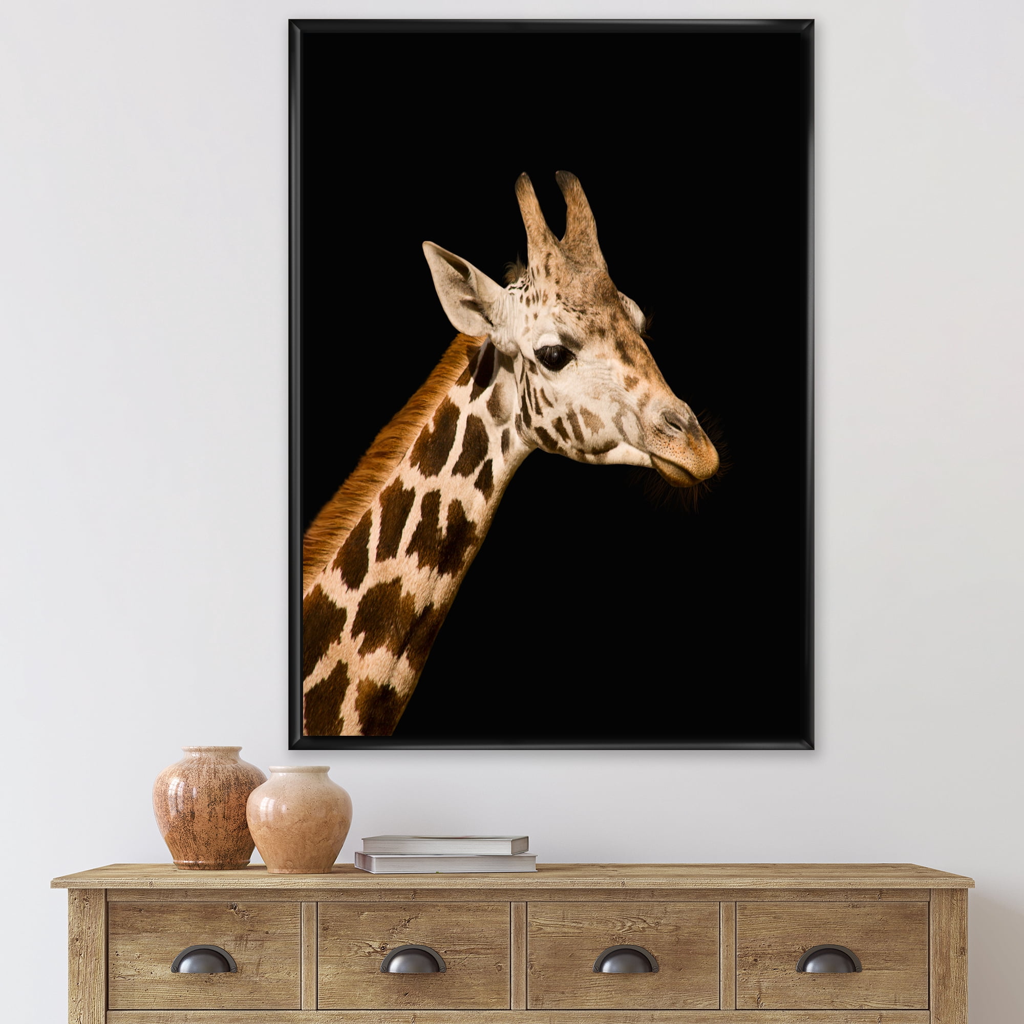 Designart 'Close Up Portrait Of A Giraffe On Black IV' Farmhouse Framed Canvas Wall Art Print