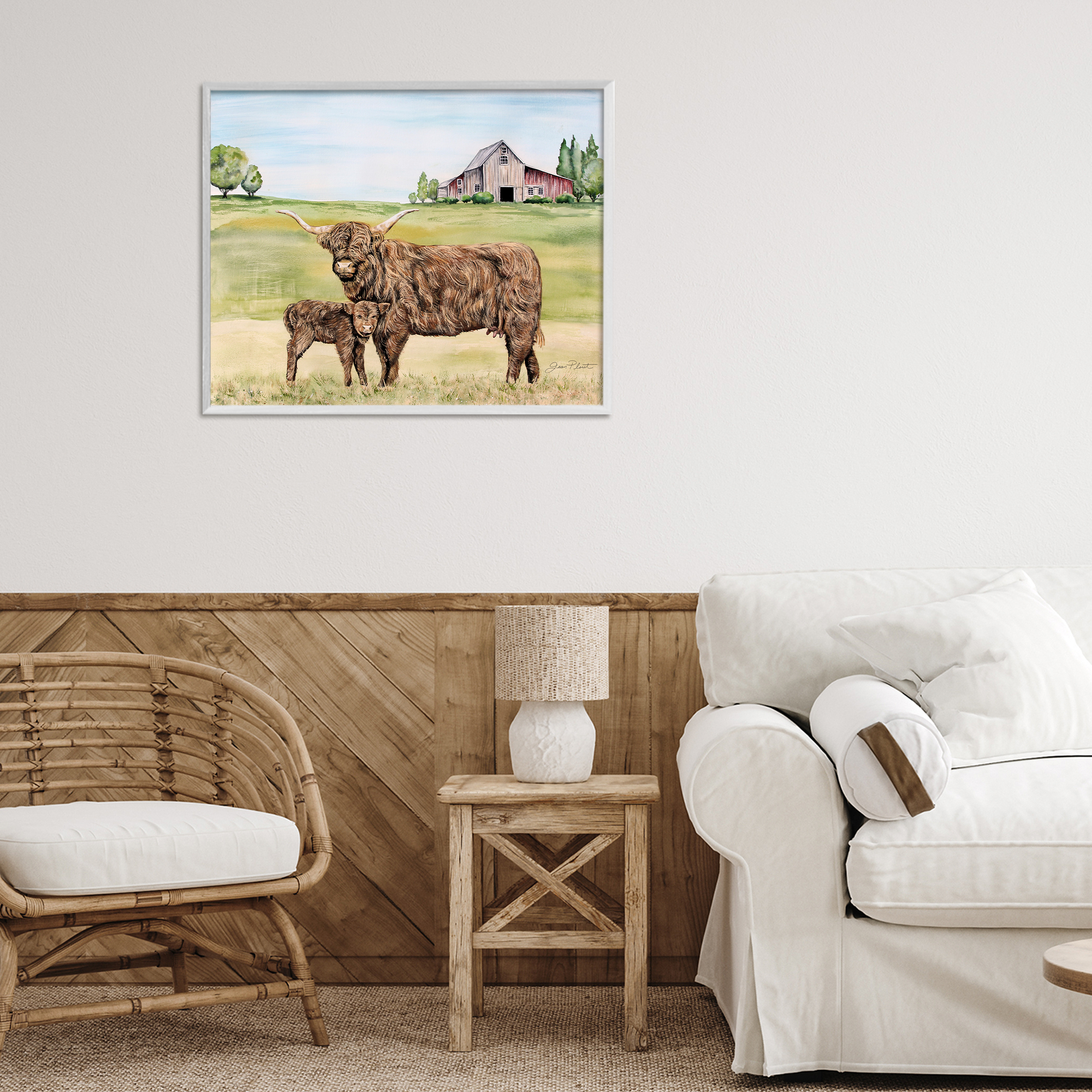 Highland Cow And Calf White Framed Giclee Art, design by Jean Plout