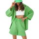 thumbnail image 3 of Traje de pantalón informal SAYOO de dos piezas para mujer blusas abotonadas con cuello de solapa color sólido y pantalones cortos holgados con cintura elástica naranja/azul/verde, 3 of 7