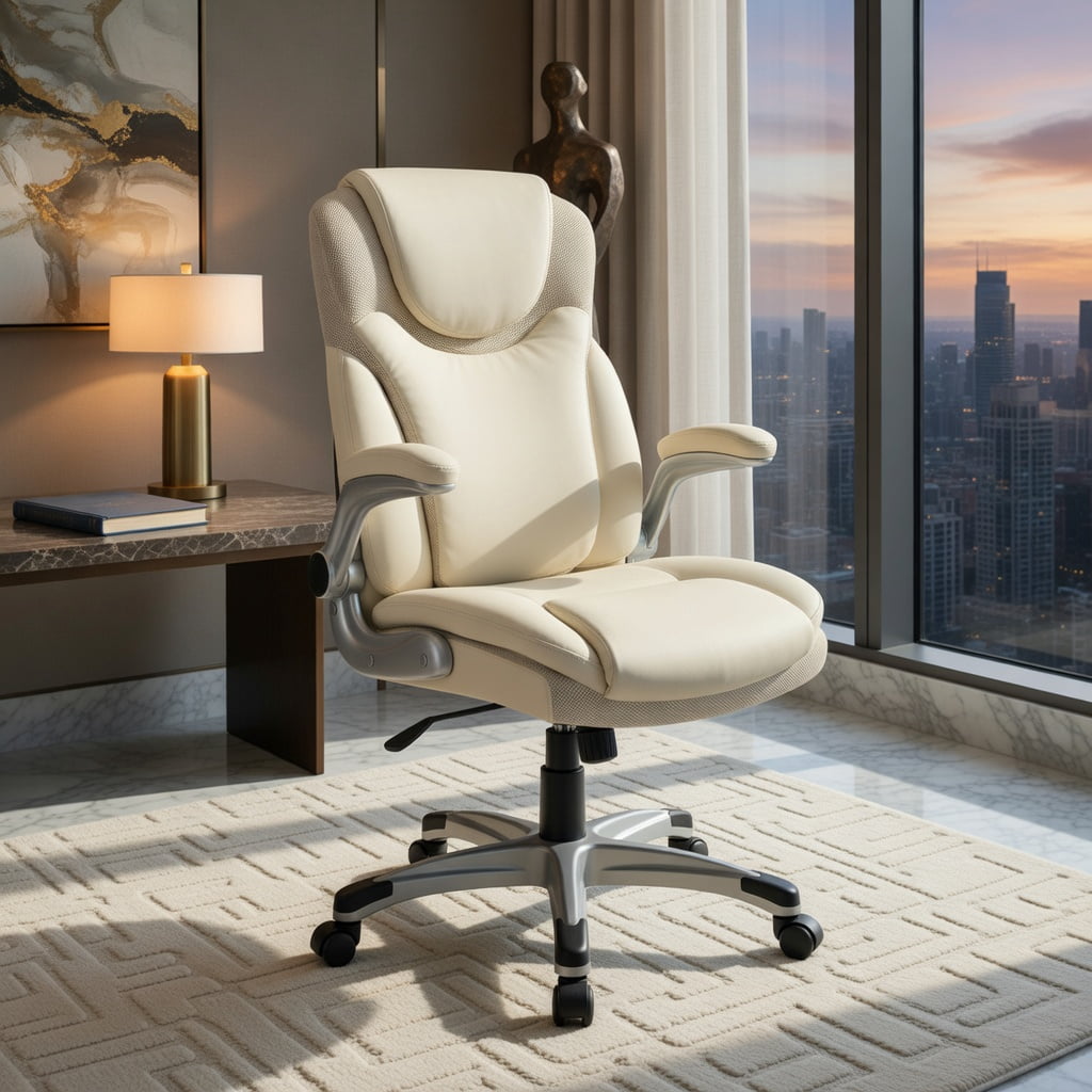 Demi Bonn Ergonomic Office PU Leather Executive Chair with Flip-up Armrests and Rocking Function, for Home, Bedroom, Study, White