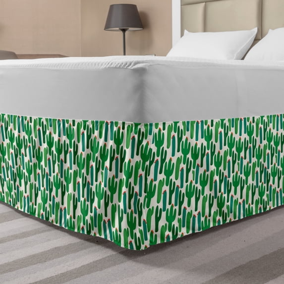 Exotic Bed Skirt, Vibrant Nature Themed Foliage Climate Desert Flourishing Illustration, Elastic Bedskirt Dust Ruffle Wrap Around for Bedding Decor, 4 Sizes, Forest Green and Red, by Ambesonne