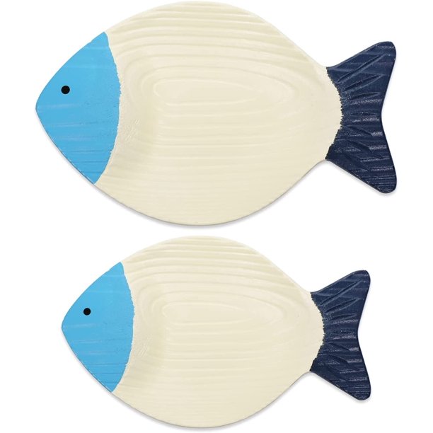 Juego de 2 piezas de decoración de pared de playa con temática de océano y peces de madera, decoración de baño de playa, decoración costera para dormitorio (pez de madera, 2 piezas)