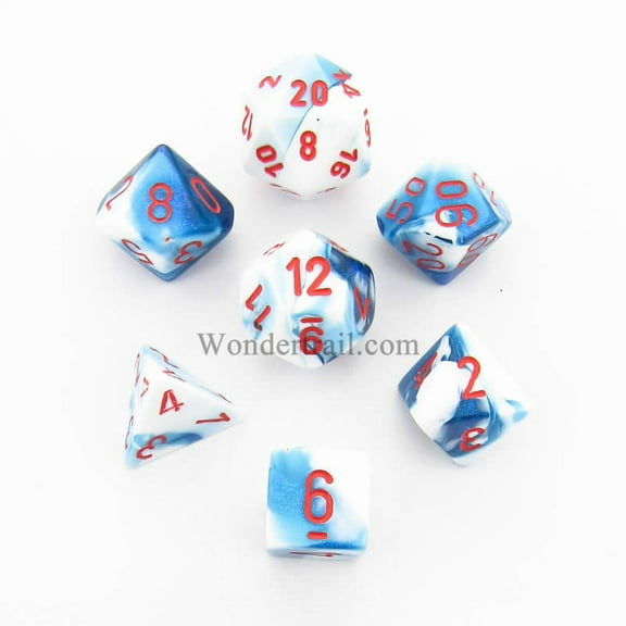 Astral Blue and White Gemini Dice with Red Numbers 7 Dice Set 16mm (5/8in) Chessex