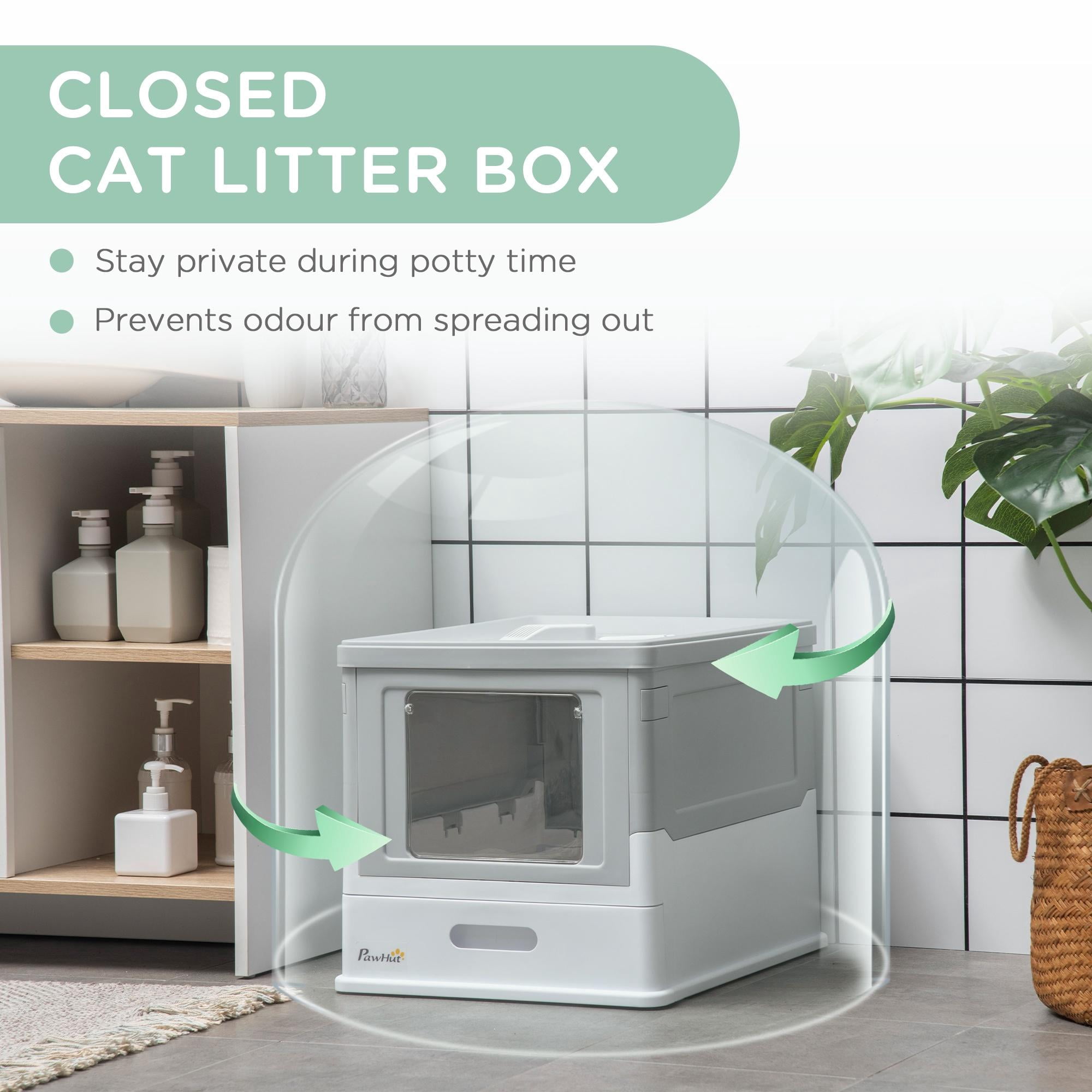 Glavbiku Foldable PP Enclosed Cat Litter Box with Scoop,Portable Pet Cat Litter House with Tray,Gray