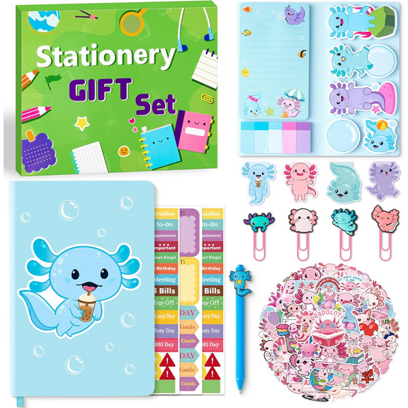 Laffact Axolotl Notebook Sticky Notes Stationery Set Gift Thanksgiving Christmas New Year,Hardcover Notebook  Pen Sticky Notes Bookmarks Kit
