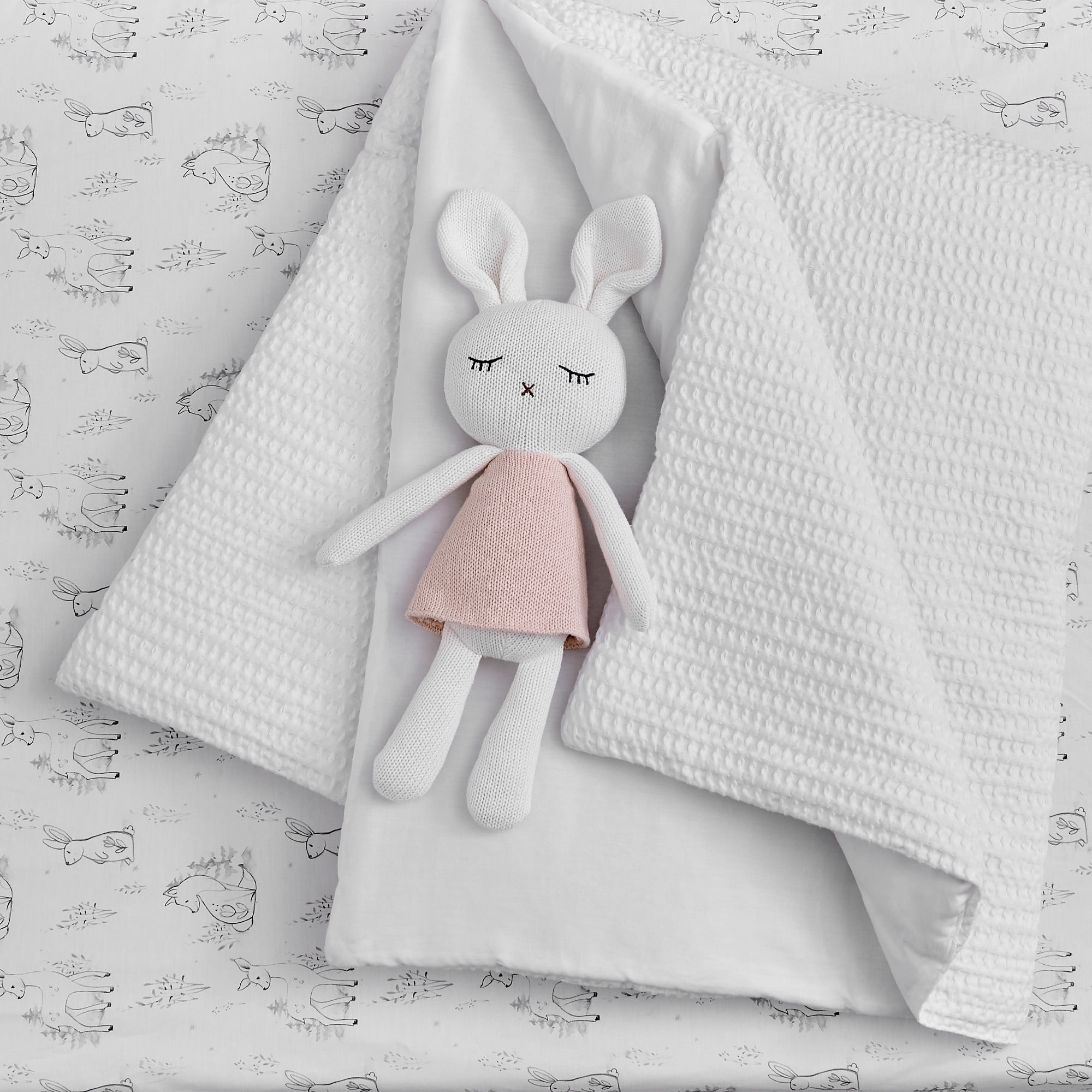 Levtex Baby - Mills Waffle Crib Bed Set - Baby Nursery Set - White - White Textured Waffle - 4 Piece Set Includes Quilt, Fitted Sheet, Dust Ruffle and Rope Basket