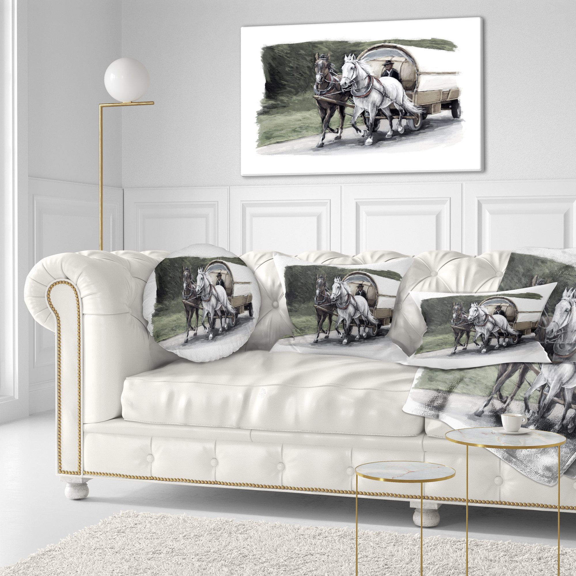 Designart Horse Cart Black and White - Animal Painting Throw Pillow - 12x20