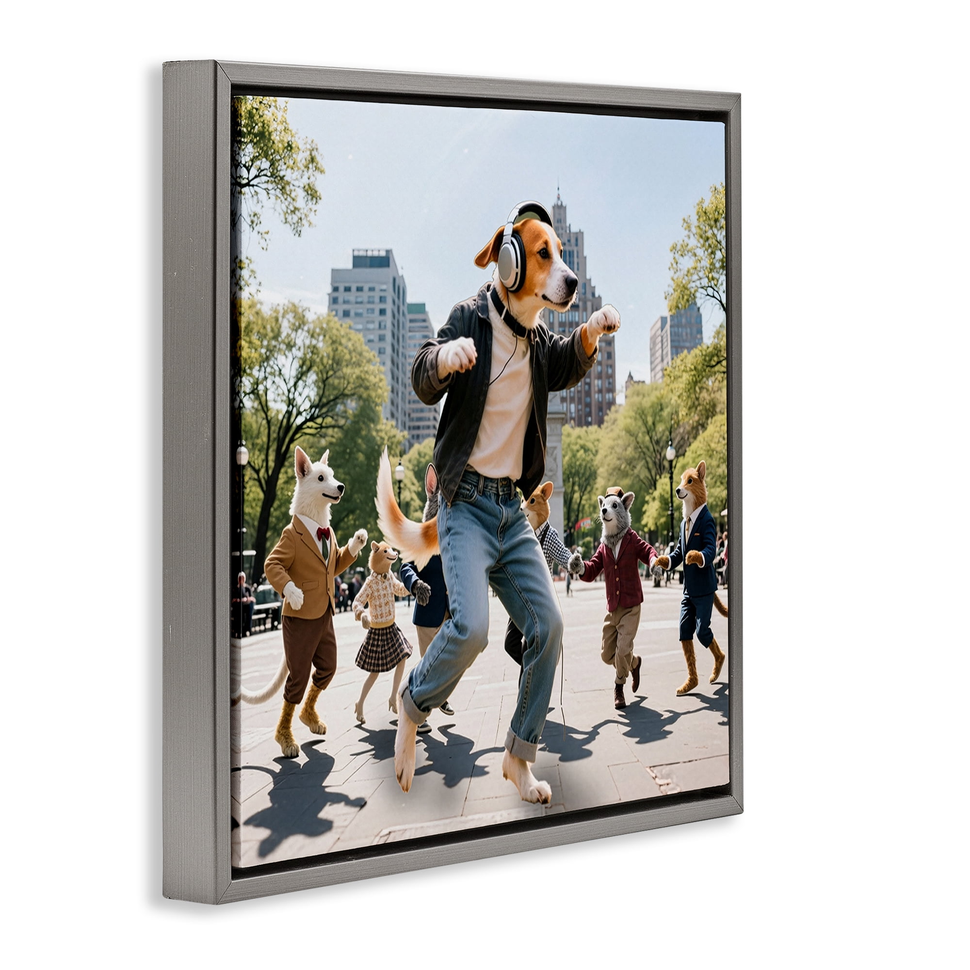 Stupell Industries Stylish Dog Dancing in Park Gray Framed Floater Canvas Wall Art, design by CAD Designs