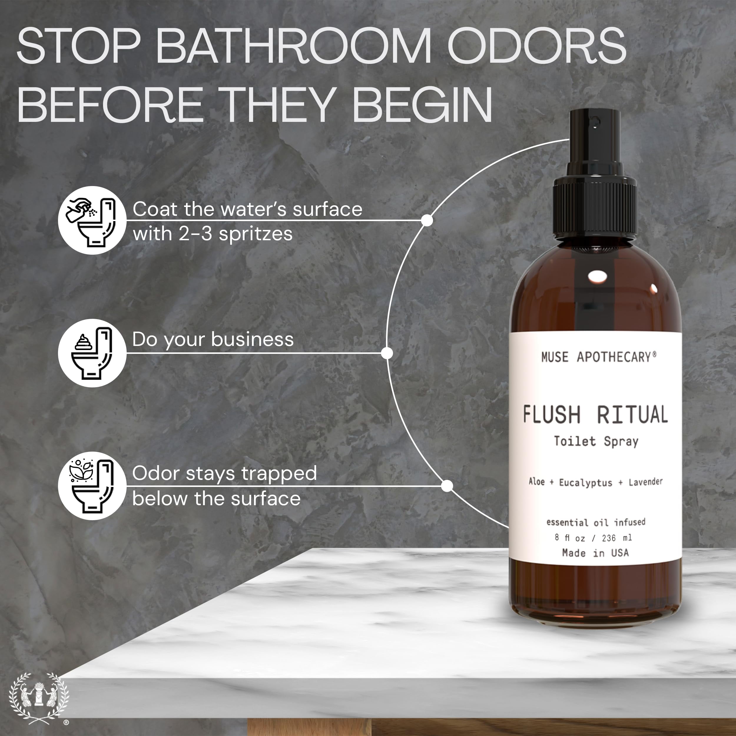 Muse Apothecary Flush Ritual - Aromatic & Refreshing Toilet Spray, Use Before You Go, 8 oz, Infused with Natural Essential Oils - Aloe + Eucalyptus + Lavender, Pack of 3