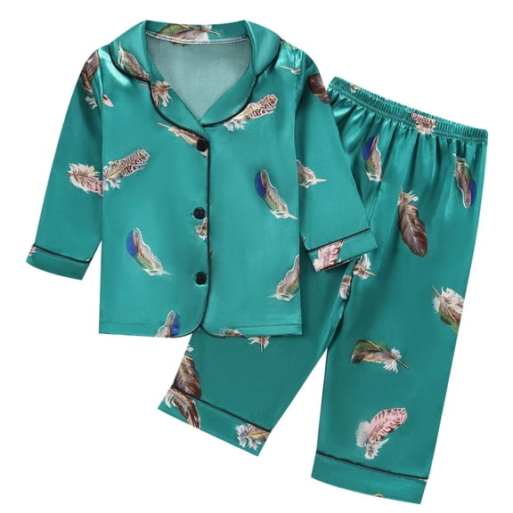 HAYIMI Boys Cartoon Print Pajama Comfortable Sleepwear Loungewear Kids Home Wear Soft Nightwear Long Sleeve Lapel Button Shirts Blouse Tops With Pants Homewear, 3-4 Years