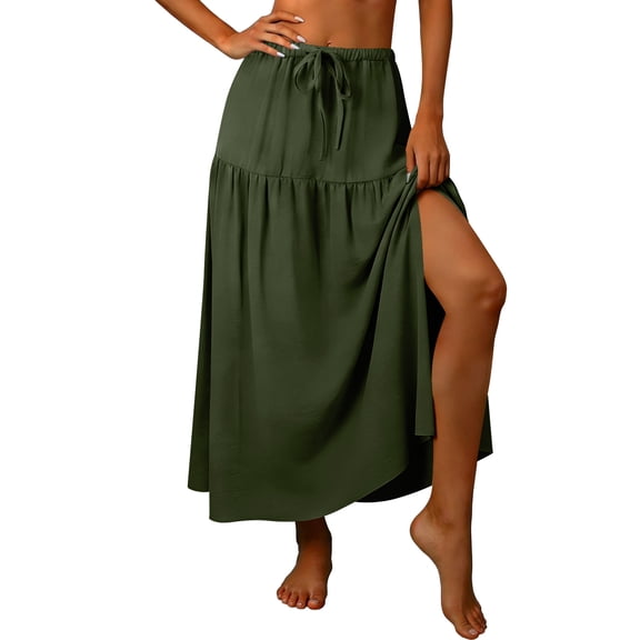 GUACER Womens Boho Tiered Maxi Skirt with Side Slit High Waisted Drawstring A-Line Skirt Flowy Summer Beach Swing Long Skirts