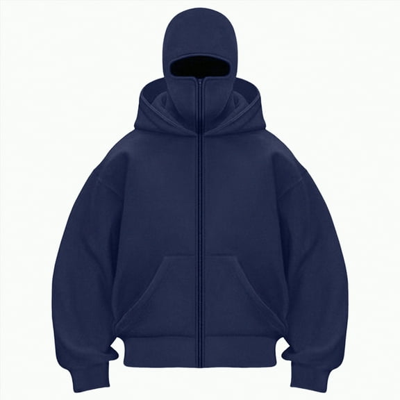 UngA Men's Balaclava Hoodie Fashion Double Zip Up Hoodie Women Long Sleeve Windproof Athletic Sweatshirt with Warm Mask (Navy,S)