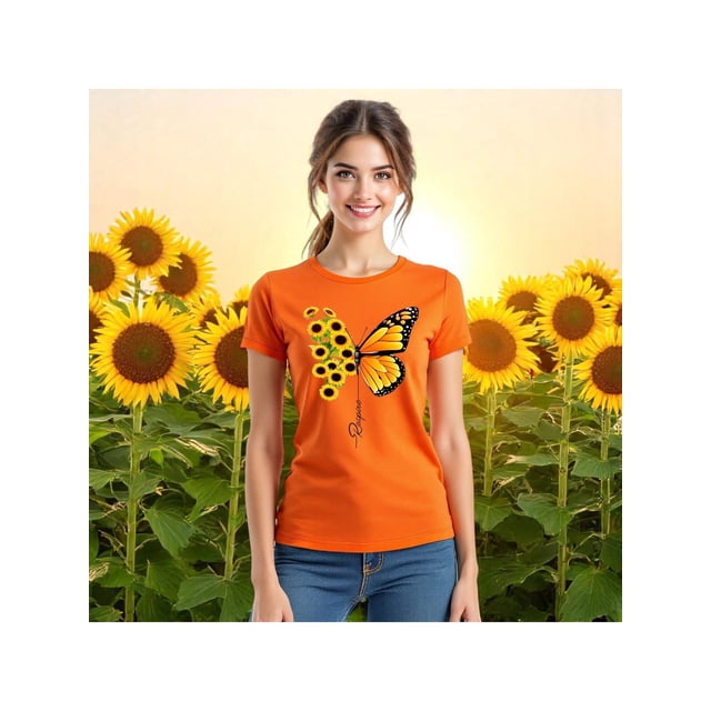 Blusa con Estampado de Mariposa y Girasoles – Diseño Único y Significativo Color Anaranjado Talla Extra Grande Marca Emil SaEs