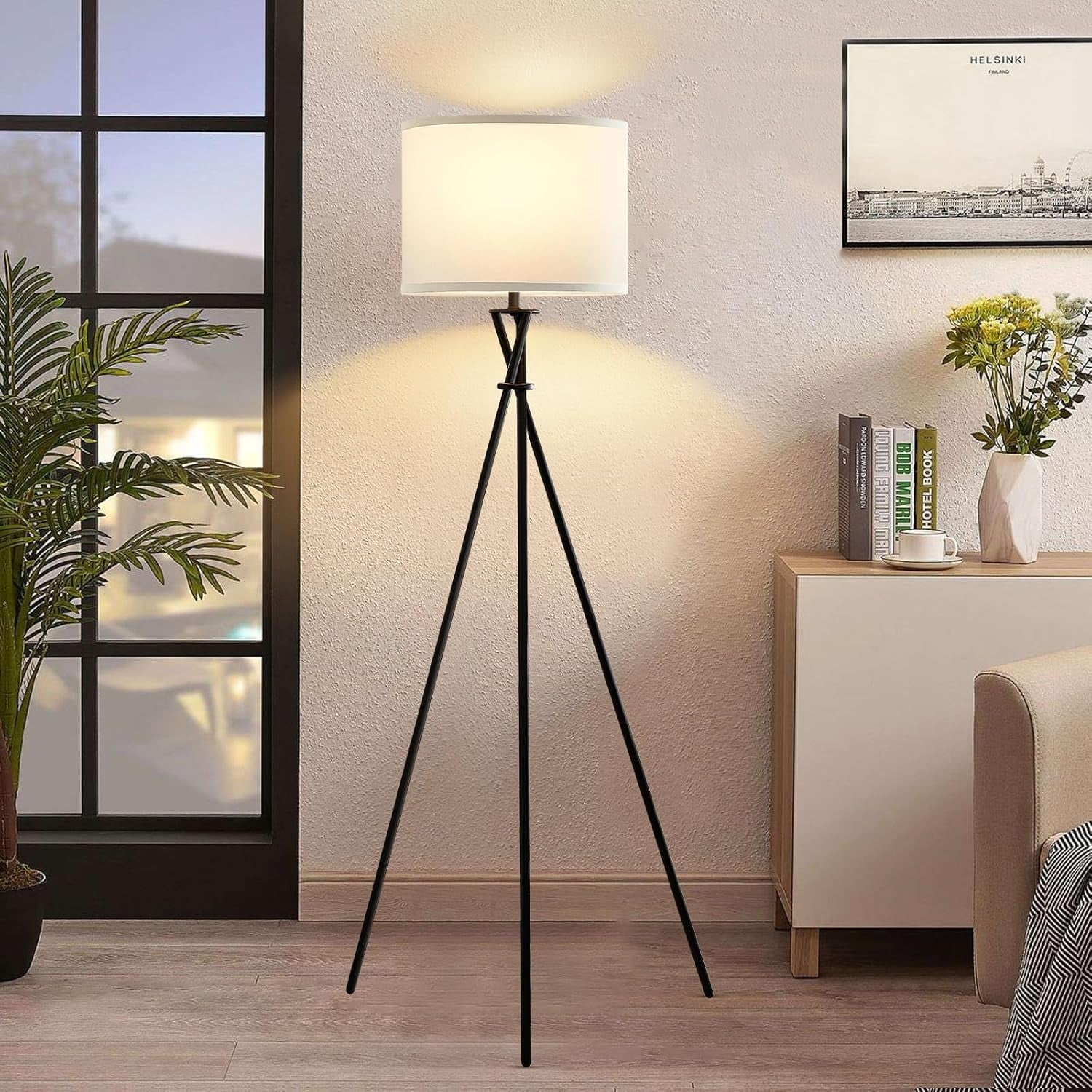 NATYSWAN Black Tripod Floor Lamp for Living Room, 61'' Modern Standing Lamp with White Shade & Rotary Switch,Tall Lamps for Bedroom, Home Office