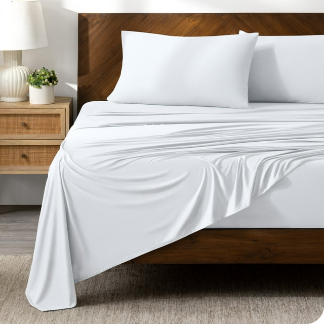 Bare Home Ensemble de Draps Ultra Doux Extensibles - Premium 1800 Collection - Poches Profondes - 4 Pcs - Grand Lit, Blanc