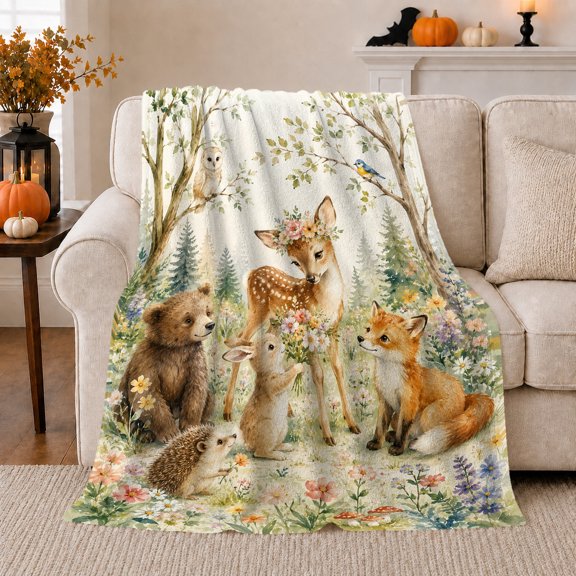 Whimsical Woodland Animals Floral Crown Fawn Meadow Scene, Festive Holiday Scene, Warm Flannel Blanket for Cabin and Lodge, Art Lovers Christmas Gift, Festive Home Decor