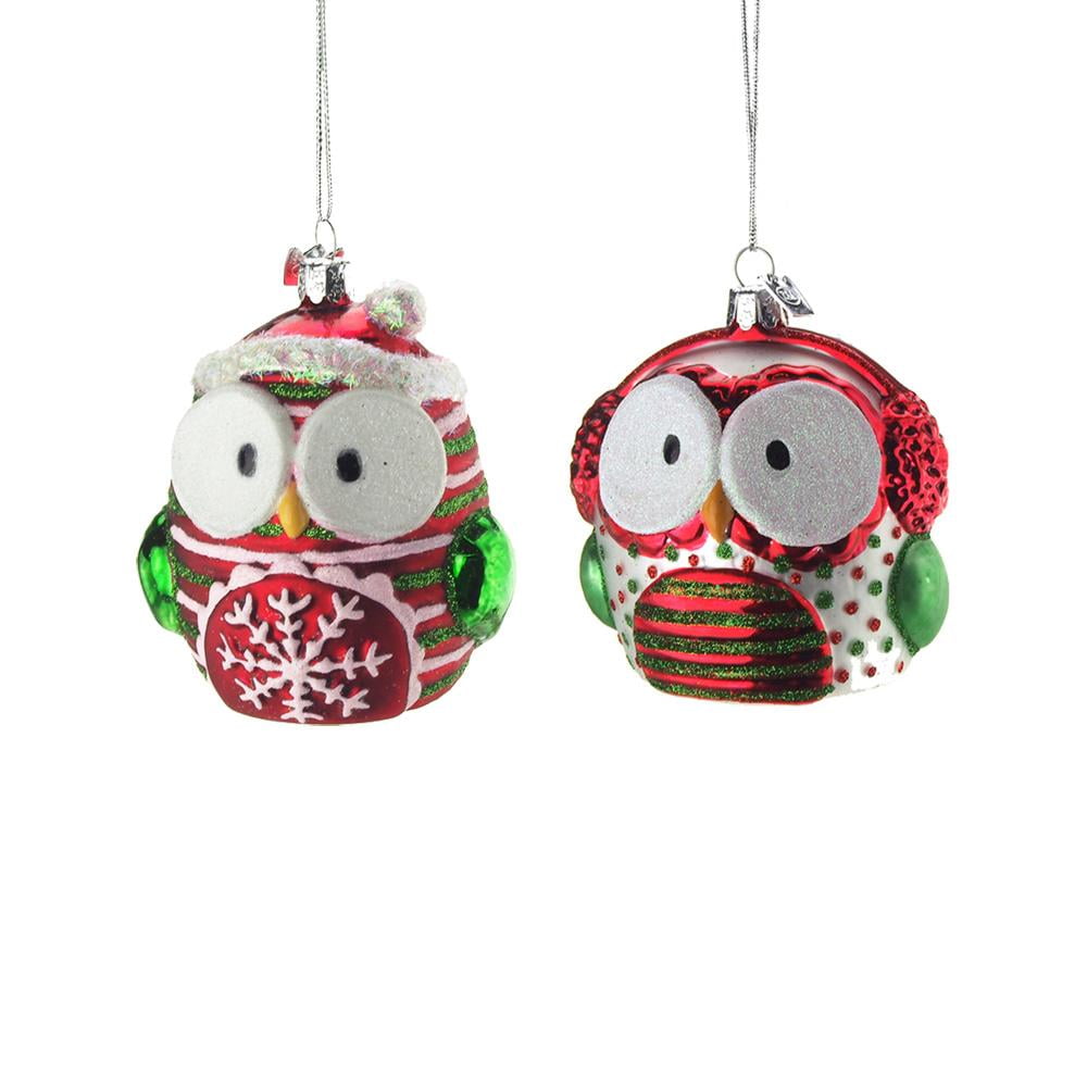 Hanging Glass Owl Christmas Tree Ornament with Glitter, Red/Green/White, 31/2Inch, 2 Piece