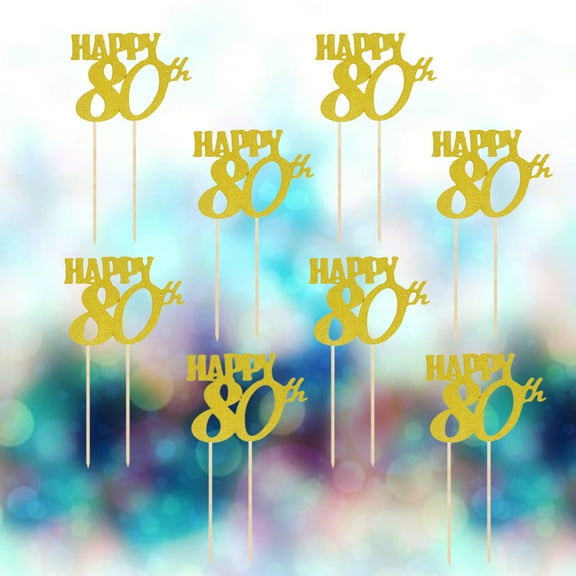 Happy 80th Birthday Cake Toppers Glitter Golden Paper Decorations for Party Cakes 12pcs