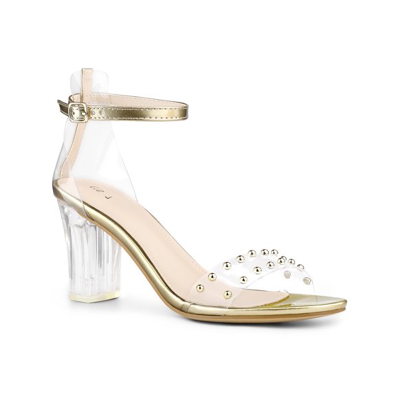 BLISSFUL STEP Women's Clear Block Heel Ankle Strap Heeled Sandals Gold (Size 8.5)