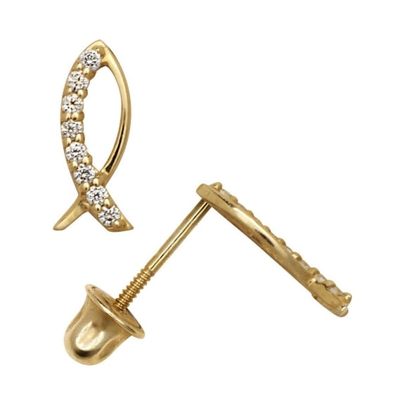 14k Yellow Gold Cubic Zirconia Fish Shaped Screw-Back Earrings - Measures 9x4mm