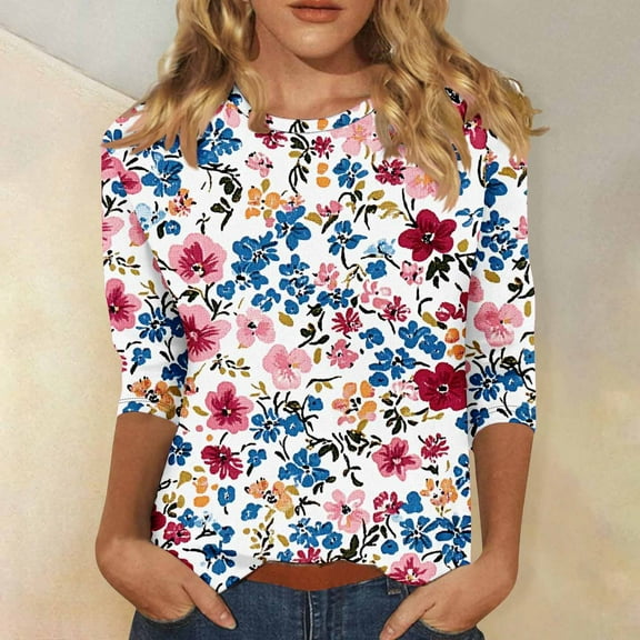 Womens Tops 3/4 Length Sleeves Cotton Summer Tops for Women 2026 Vacation Plus Summer Work Tops for Women Plus Size Printed T Shirts for Women Petite by me